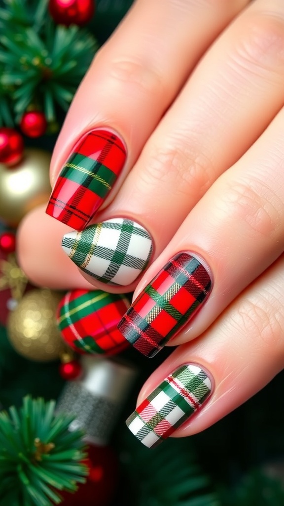 Classy Christmas plaid nail art in red, green, and white colors.